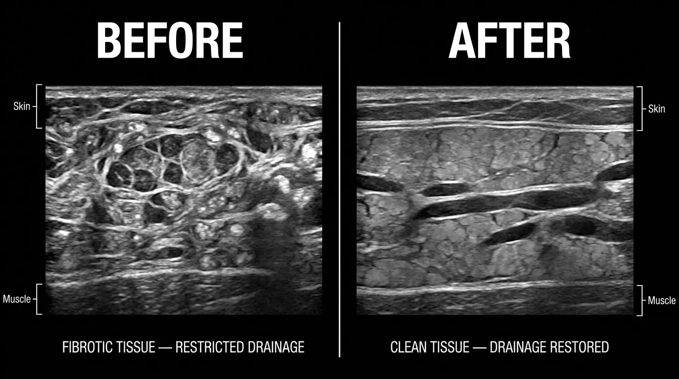 Ultrasound comparison, before and after: dense fibrotic tissue with restricted drainage vs. clean tissue with drainage restored