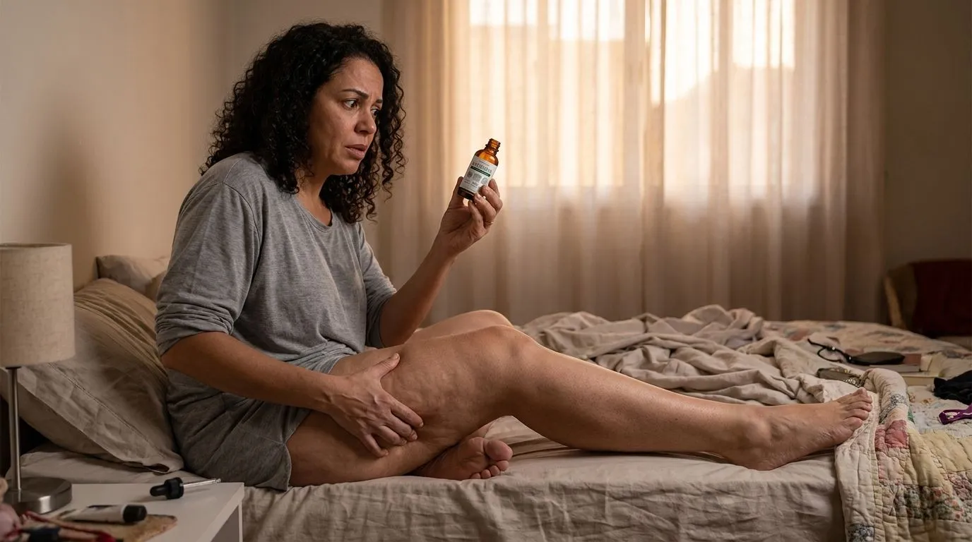 Woman sitting on the edge of her bed, examining an empty Linfozen bottle while massaging her thigh with a worried expression